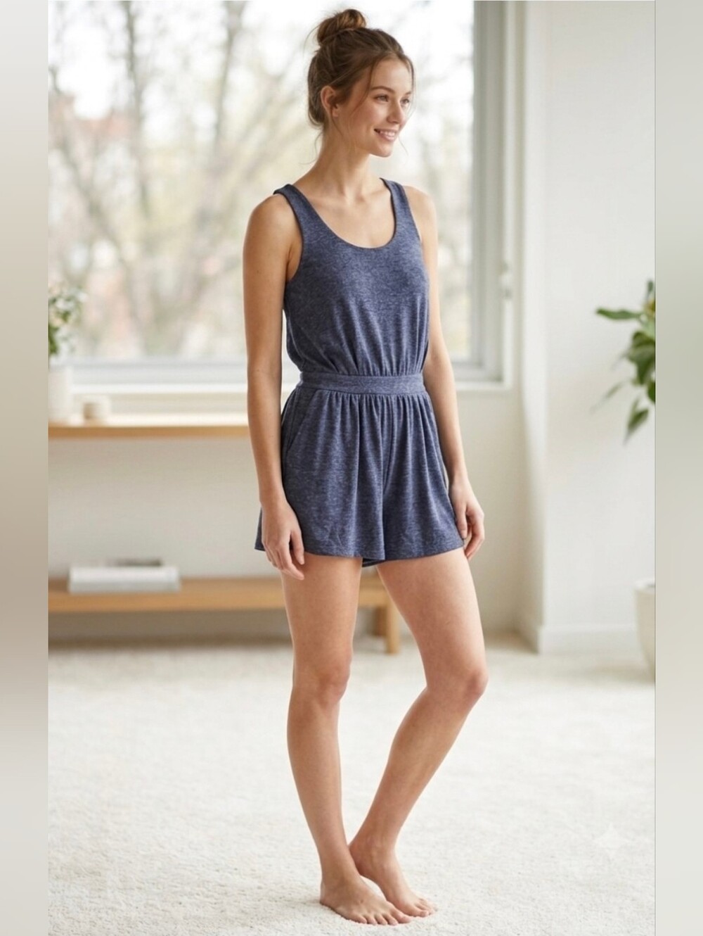 Loveriche Linen Blue Romper Size S Small Love Riche Shorts Jumpsuit Open Back